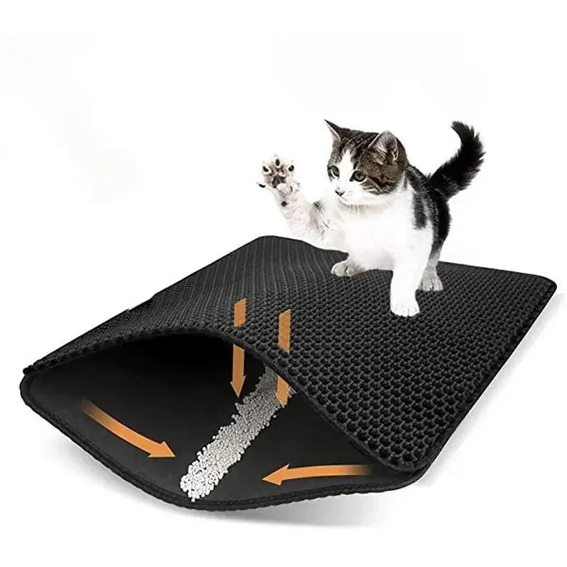 Non-slip, washable, waterproof double-layer pet litter mat for cats.