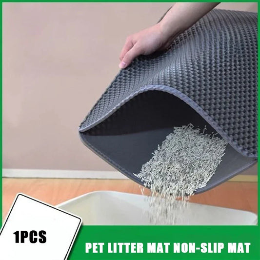 Non-slip, washable, waterproof double-layer pet litter mat for cats.